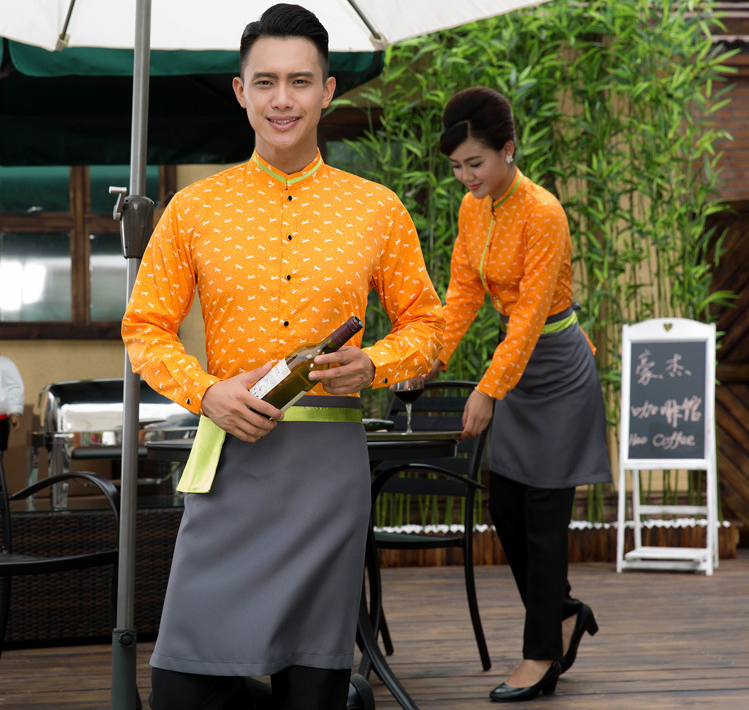 快餐店工作服長(cháng)袖餐飲網(wǎng)咖制服西餐廳酒店服務(wù)員秋冬裝加圍裙